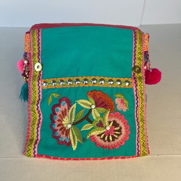 Curations Embroidered Embellished Crossbody Boho Tassel Pom Pom Bag Made India - Picture 6 of 10